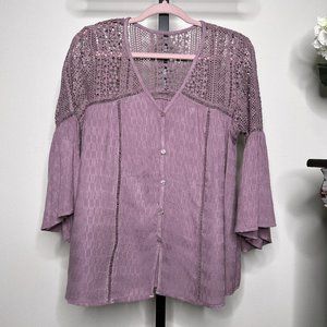 Lilac Purple Blouse - Lace Shoulders - Buttons - Feminine Ruffle Sleeve - Medium